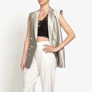 {Jenni Kayne} Silver Snake Jacquard Silk Sleeveless Blazer Vest, Size XS